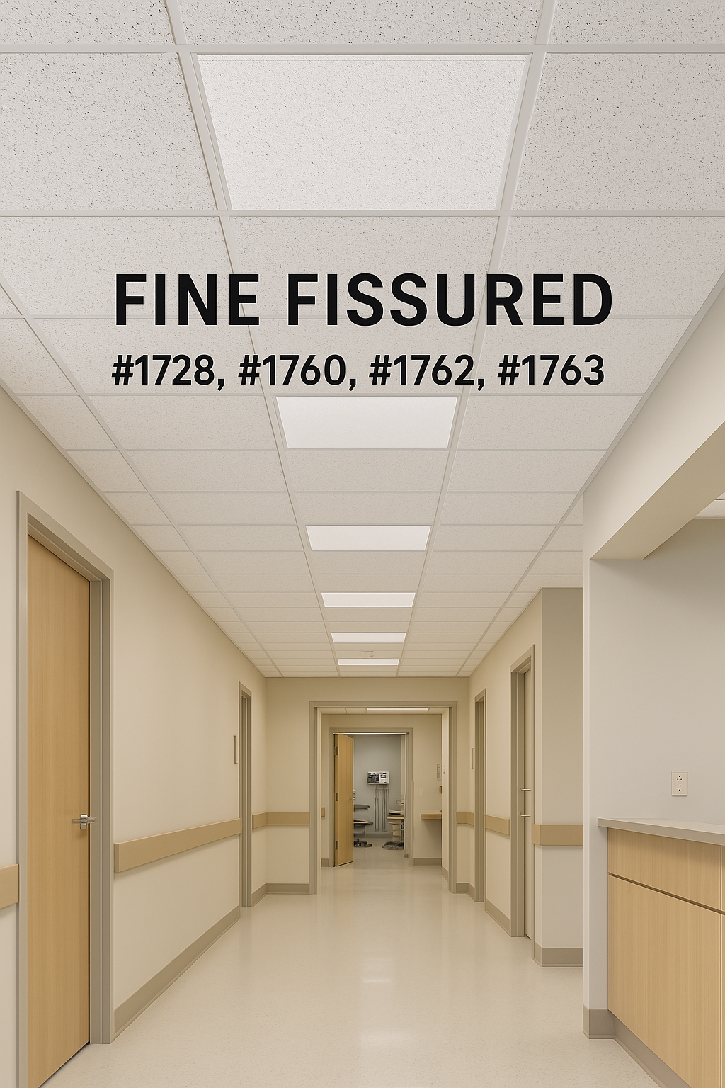 醫療空間走廊展示Fine Fissured吸音天花板，搭配白色金屬格架與均勻分布的燈具，營造安靜、明亮且專業的室內環境。