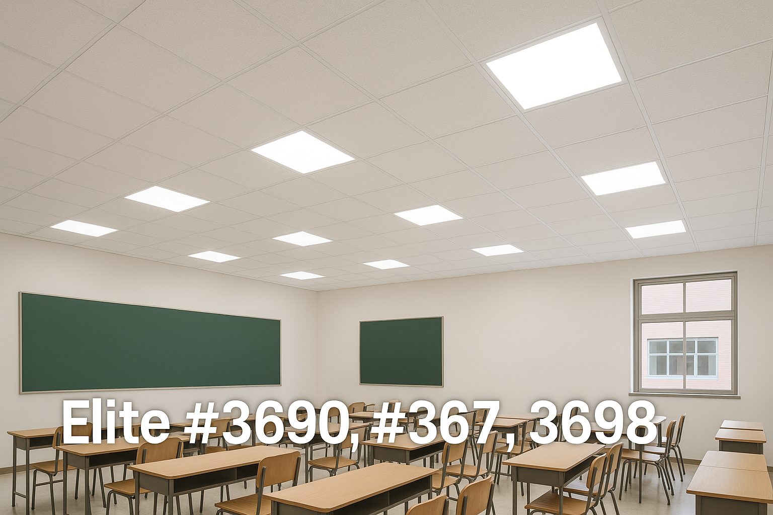 教室內部設計，採用Elite天花板 #3690、#3697、#3698，搭配方形嵌燈與吸音板材，展示安靜舒適、採光良好的學習空間。