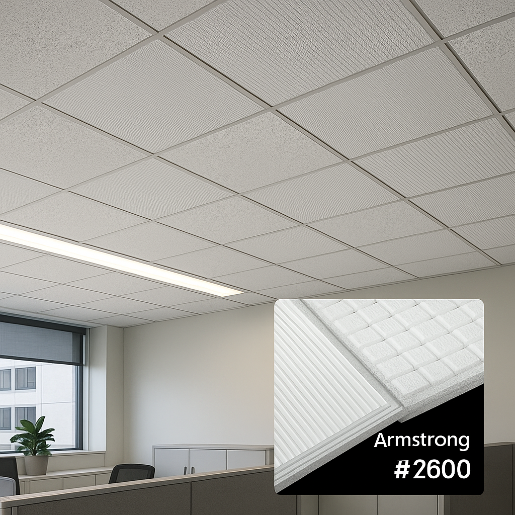 辦公室天花板安裝 Armstrong 吸音礦纖板 #2600、#2602，展現立體紋理與細緻質感