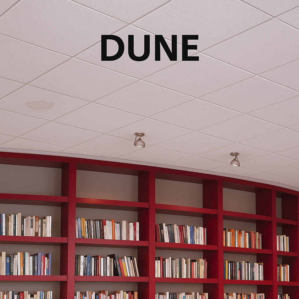 DUNE 吸音天花板安裝於圖書館空間，結合紅色書櫃與嵌燈設計，呈現吸音與美學的完美融合