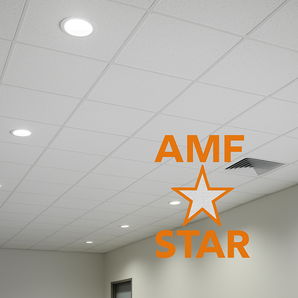 安裝於室內空間的 AMF STAR 細針孔吸音天花板，搭配嵌燈與空調出風口。