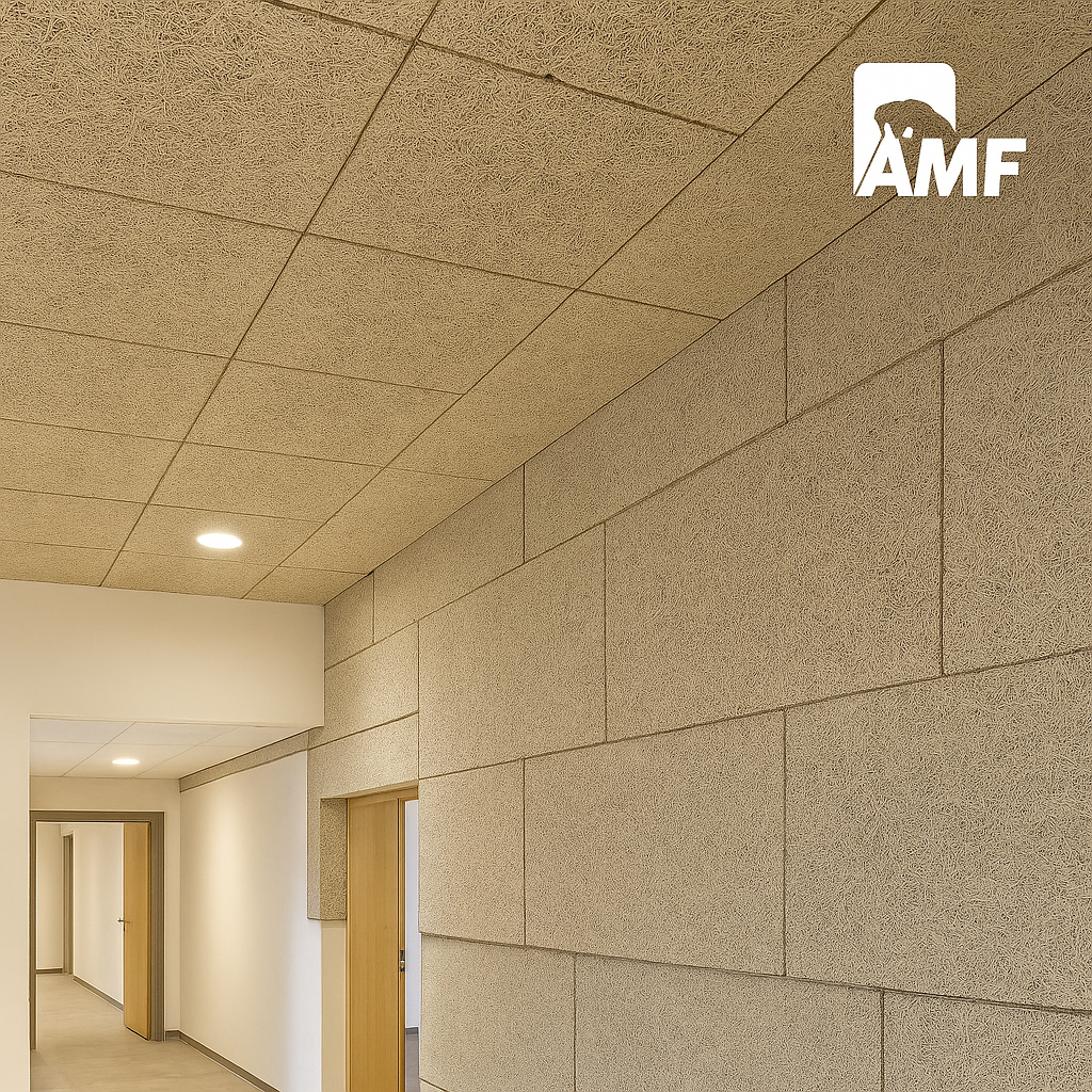AMF 木絲吸音板應用於牆面與天花，展現天然交錯纖維紋理與吸音功能。