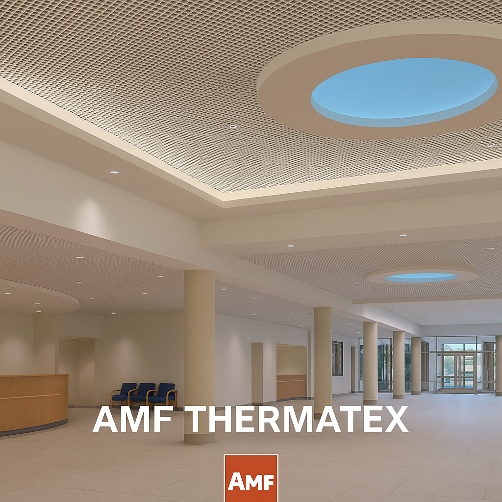 AMF Thermatex 開孔天花板應用於現代公共空間，搭配藍色圓形天井與簡約照明。