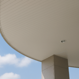 外牆半圓造型使用企口長條鋁板天花板，結構整齊簡潔